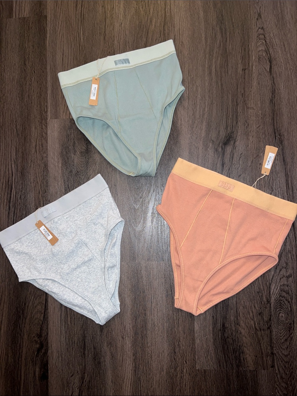 NWT SKIMS High-Waist Cotton Rib Briefs Mineral, Light Heather Gray, and Sedona